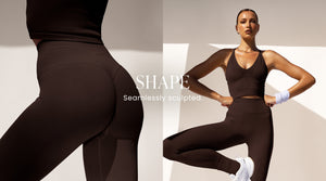 Model posing in Chocolate Shape seamless top and leggings