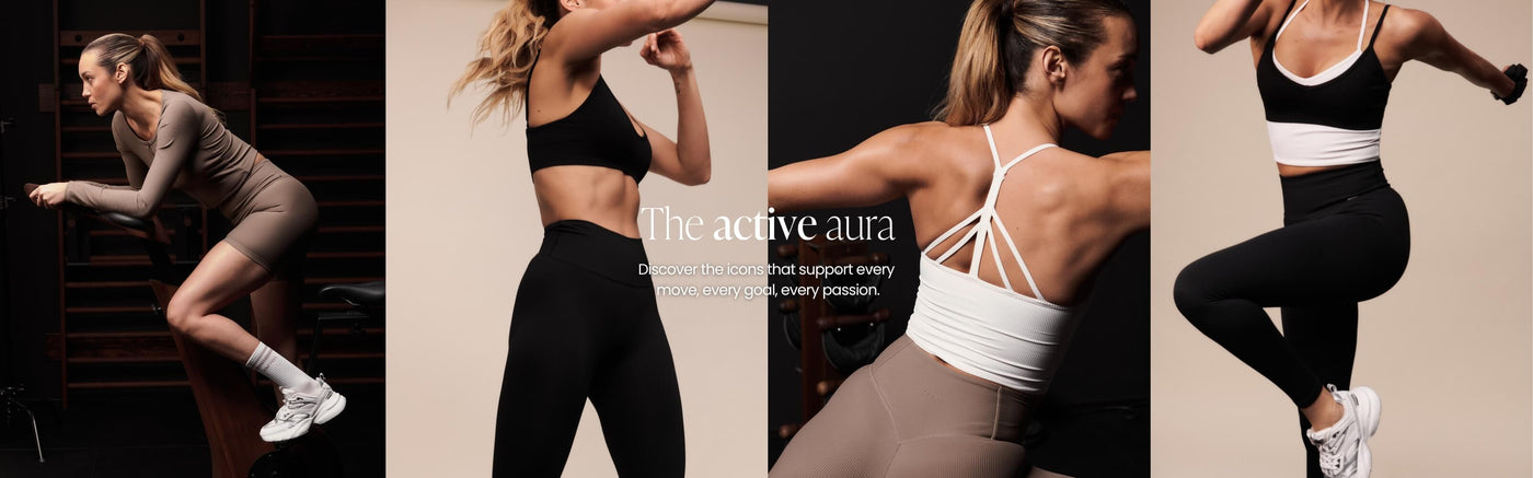 A collage showing the same model. She is wearing different activewear in the color palette of nougat, black, and white. In the center is the text "The active aura" and "Discover the icons that support every move, every goal, every passion."
