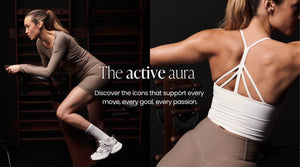 A collage showing the same model. She is wearing different activewear in the color palette of nougat, black, and white. In the center is the text "The active aura" and "Discover the icons that support every move, every goal, every passion."